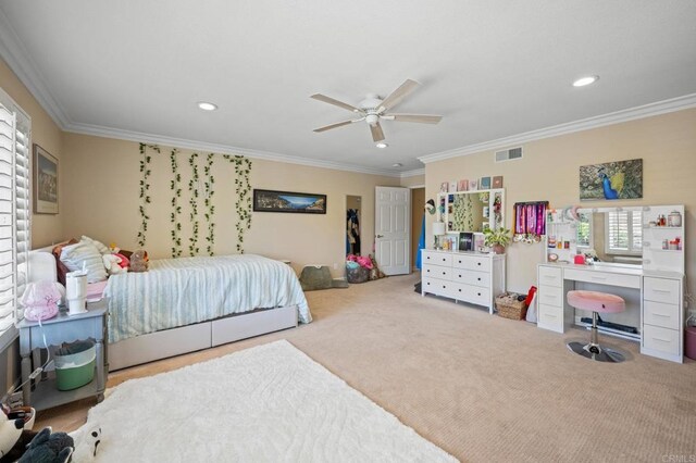 2702 Jacaranda Ave, Carlsbad, CA 92009 - carpeted bedroom with ornamental molding, recessed lighting, and ceiling fan