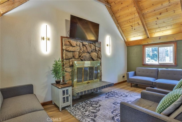 2548 Secret Dr, Running Springs, CA 92382 - living area featuring wood finished floors, wooden ceiling, and a fireplace