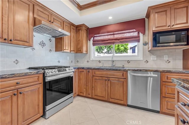 20002 Tomlee Ave, Torrance, CA 90503 - kitchen with appliances with stainless steel finishes, under cabinet range hood, brown cabinets, crown molding, and recessed lighting