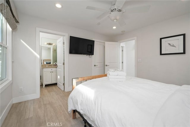 3312 W Oceanfront, Newport Beach, CA 92663 - bedroom with recessed lighting, light wood-type flooring, ensuite bathroom, and a ceiling fan