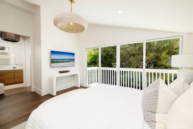 1933 Port Bristol Cir, Newport Beach, CA 92660 - bedroom featuring vaulted ceiling, access to outside, wood finished floors, connected bathroom, and recessed lighting