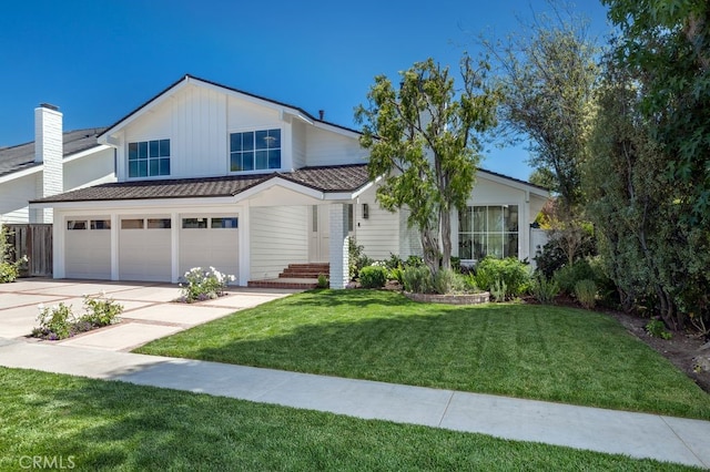 1933 Port Bristol Cir, Newport Beach, CA 92660 - view of front of property with concrete driveway, an attached garage, a front lawn, and board and batten siding