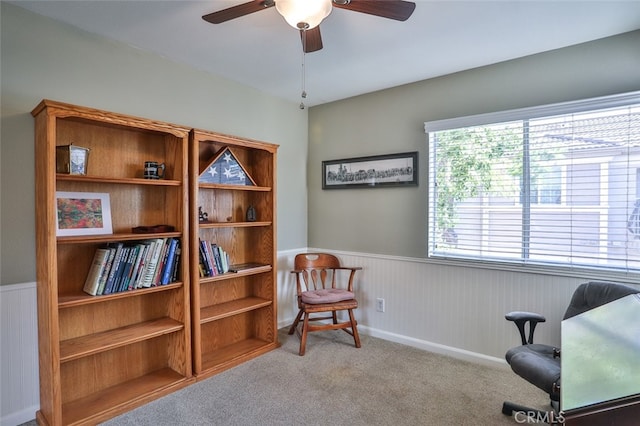 8366 Gabriel Dr Unit D, Rancho Cucamonga, CA 91730 - living area with wainscoting, ceiling fan, and carpet flooring