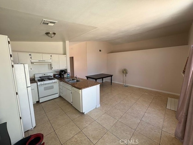 10810 Euclid St, Adelanto, CA 92301 - kitchen featuring white appliances, dark countertops, a peninsula, under cabinet range hood, and light tile patterned floors