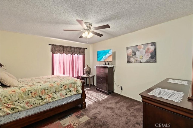37158 29th St E, Palmdale, CA 93550 - bedroom with dark colored carpet, a textured ceiling, and a ceiling fan