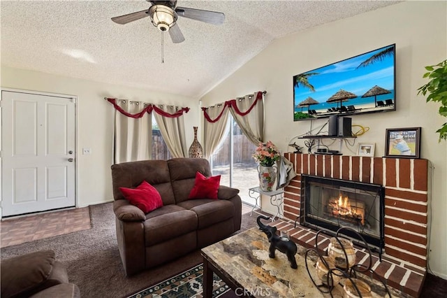 37158 29th St E, Palmdale, CA 93550 - carpeted living room featuring a textured ceiling, a brick fireplace, a ceiling fan, and vaulted ceiling