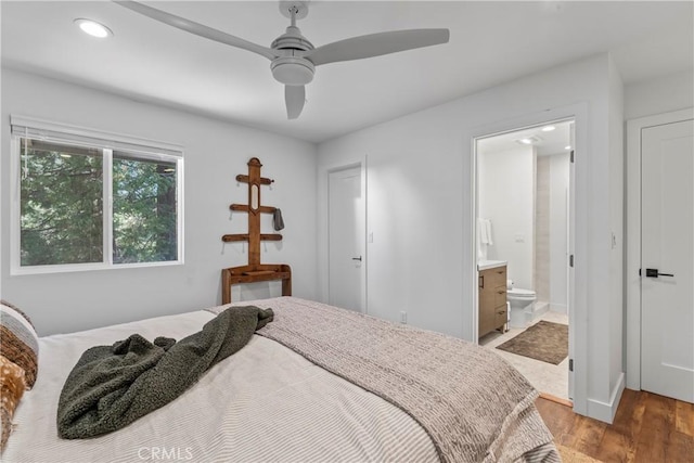 1016 Berne Dr, Crestline, CA 92325 - bedroom featuring wood finished floors, recessed lighting, ensuite bath, and a ceiling fan