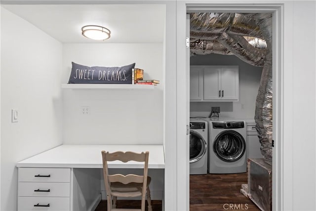 1016 Berne Dr, Crestline, CA 92325 - laundry area featuring cabinet space, separate washer and dryer, a desk, and dark wood-style flooring