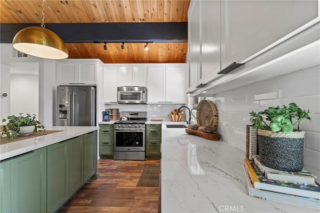 1016 Berne Dr, Crestline, CA 92325 - kitchen featuring green cabinets, stainless steel appliances, a wooden ceiling with exposed beams, white cabinets, and tasteful backsplash