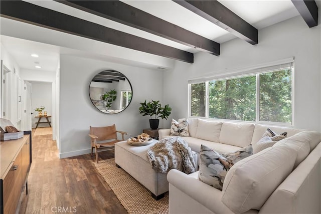 1016 Berne Dr, Crestline, CA 92325 - living area with wood finished floors, beam ceiling, and recessed lighting