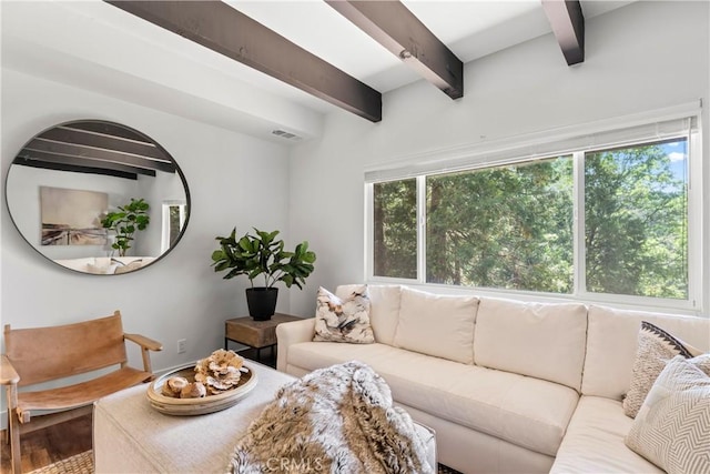 1016 Berne Dr, Crestline, CA 92325 - living room featuring beam ceiling and wood finished floors