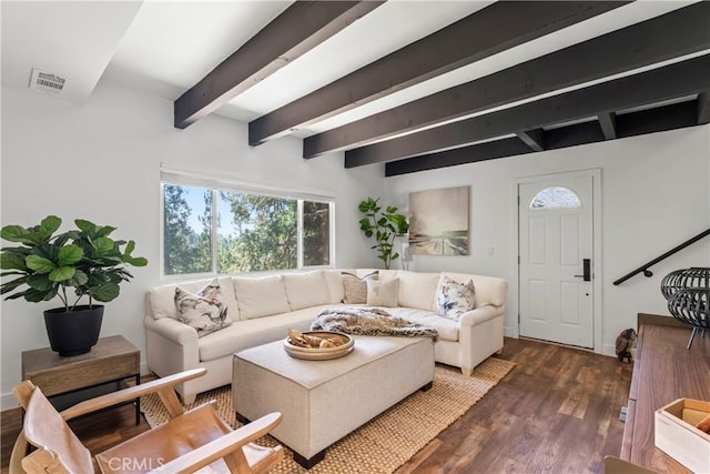 1016 Berne Dr, Crestline, CA 92325 - living area with beamed ceiling and wood finished floors