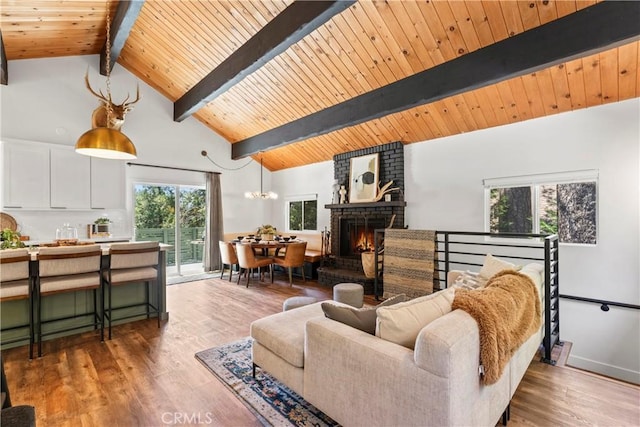 1016 Berne Dr, Crestline, CA 92325 - living area with a wood ceiling with exposed beams, a fireplace, high vaulted ceiling, and wood finished floors