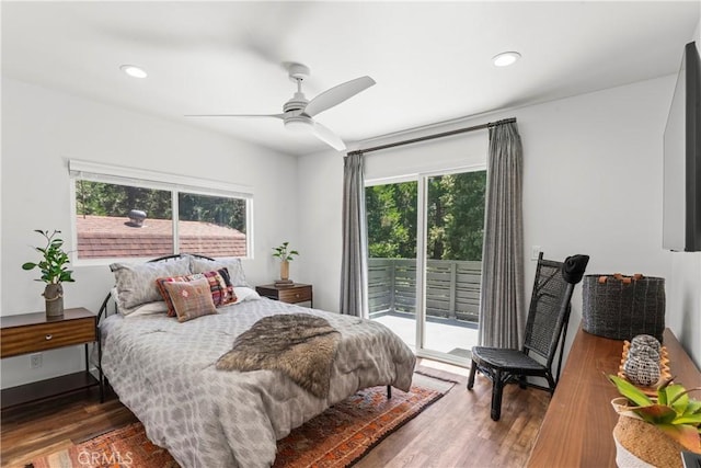 1016 Berne Dr, Crestline, CA 92325 - bedroom featuring access to exterior, wood finished floors, recessed lighting, and ceiling fan