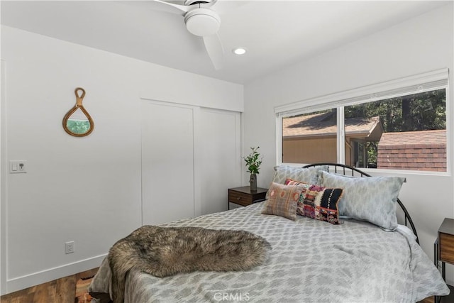 1016 Berne Dr, Crestline, CA 92325 - bedroom featuring wood finished floors, a closet, ceiling fan, and recessed lighting