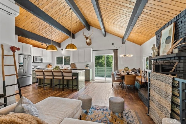 1016 Berne Dr, Crestline, CA 92325 - living room with a wall mounted AC, dark wood-style floors, a wood ceiling with exposed beams, high vaulted ceiling, and a chandelier