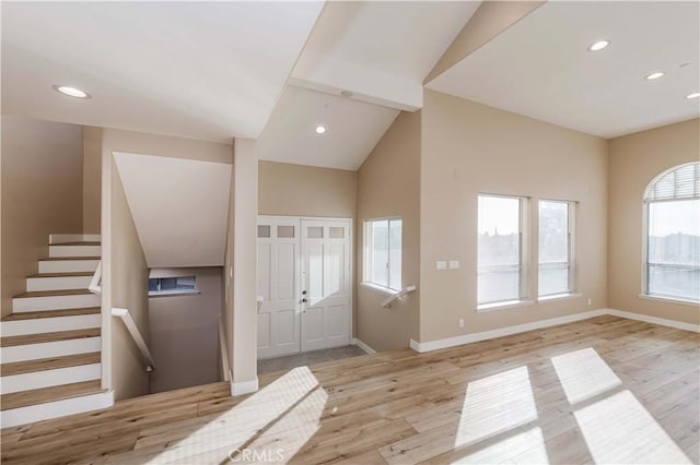 1742 Hanscom Dr, South Pasadena, CA 91030 - foyer entrance featuring wood finished floors, recessed lighting, stairway, and lofted ceiling