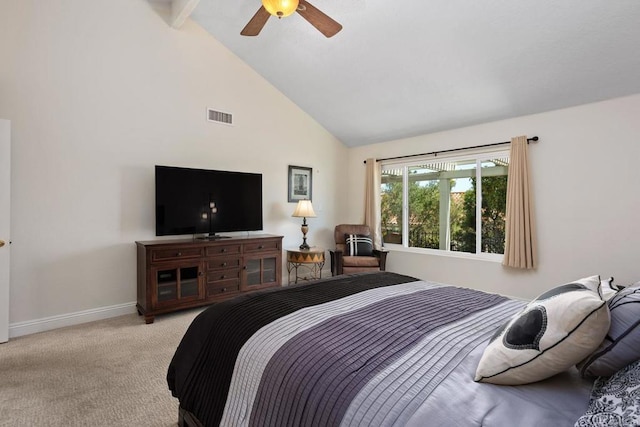 4763 Miletus Way, Oceanside, CA 92056 - bedroom with high vaulted ceiling, light carpet, beam ceiling, and ceiling fan