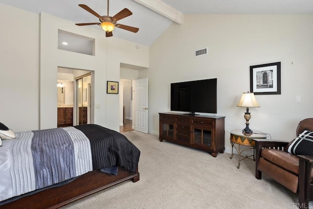 4763 Miletus Way, Oceanside, CA 92056 - bedroom with light colored carpet, beam ceiling, high vaulted ceiling, ensuite bathroom, and ceiling fan