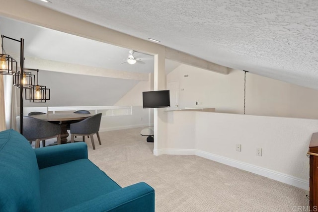 4763 Miletus Way, Oceanside, CA 92056 - living room featuring lofted ceiling, light carpet, ceiling fan, and a textured ceiling