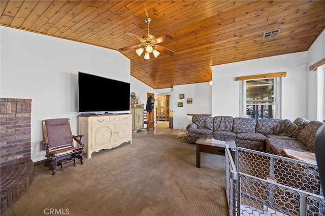 27861 Cummings Valley Rd, Tehachapi, CA 93561 - carpeted living room with vaulted ceiling, wood ceiling, and ceiling fan