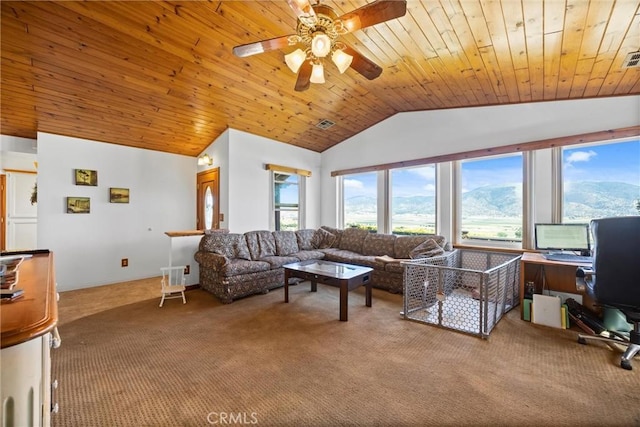 27861 Cummings Valley Rd, Tehachapi, CA 93561 - carpeted living room featuring vaulted ceiling, wood ceiling, a ceiling fan, and an office area