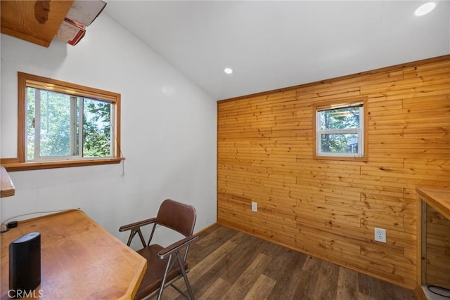 27861 Cummings Valley Rd, Tehachapi, CA 93561 - office with wood walls, recessed lighting, wood finished floors, and lofted ceiling