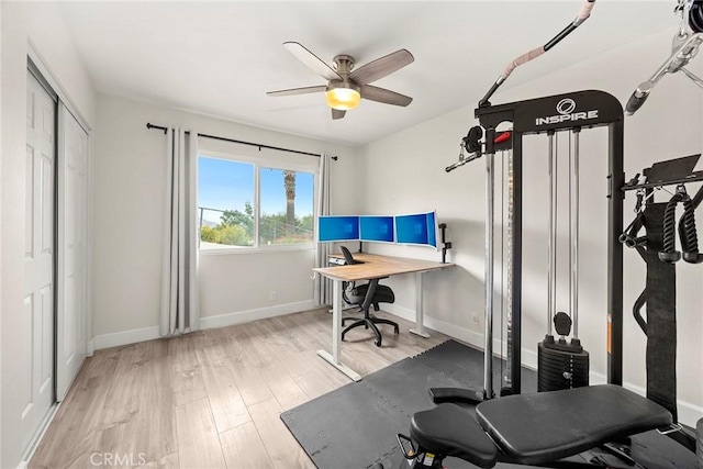 4021 Pikes Peak Dr, Norco, CA 92860 - workout area featuring wood finished floors and ceiling fan