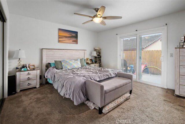 411 Spanish Moss Ln, Arroyo Grande, CA 93420 - bedroom with carpet flooring, access to exterior, and a ceiling fan