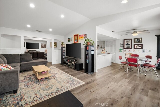 411 Spanish Moss Ln, Arroyo Grande, CA 93420 - living area with light wood finished floors, lofted ceiling, ceiling fan, and recessed lighting