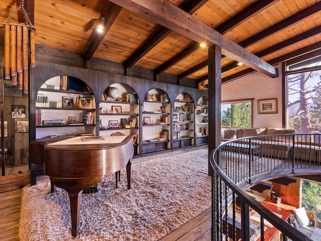 1082 Mountain Canary Dr, South Lake Tahoe, CA 96150 - home office featuring hardwood / wood-style flooring and a wooden ceiling with exposed beams