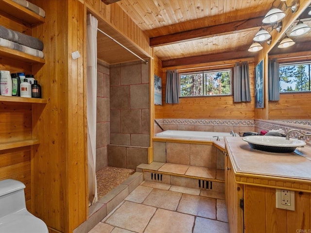 1082 Mountain Canary Dr, South Lake Tahoe, CA 96150 - full bath featuring wood walls, a wooden ceiling with exposed beams, tiled shower, vanity, and tiled bath
