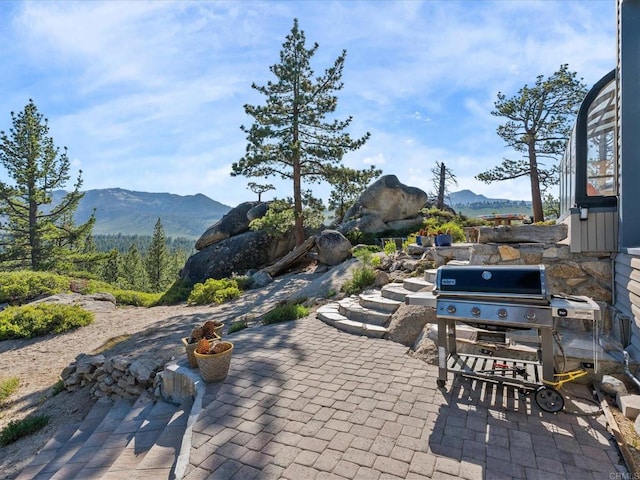 1082 Mountain Canary Dr, South Lake Tahoe, CA 96150 - view of patio / terrace featuring a mountain view and a grill