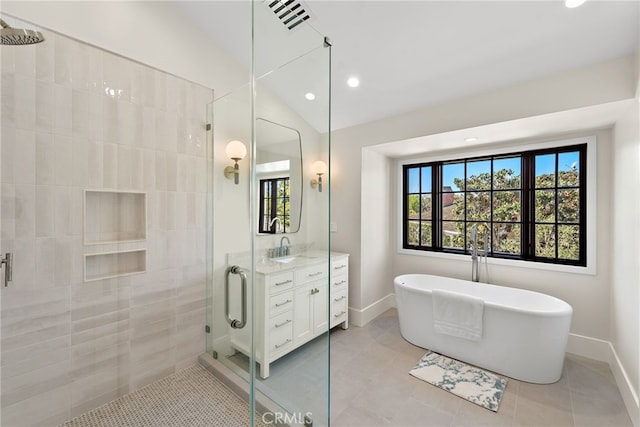 1963 Port Edward Pl, Newport Beach, CA 92660 - bathroom with a shower stall, vanity, a freestanding tub, lofted ceiling, and recessed lighting