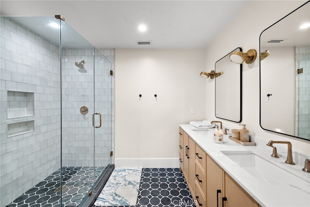 1963 Port Edward Pl, Newport Beach, CA 92660 - bathroom with a shower stall, double vanity, and recessed lighting