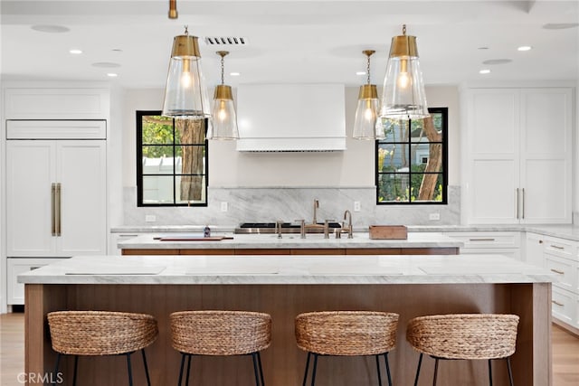 1963 Port Edward Pl, Newport Beach, CA 92660 - bar with premium range hood, backsplash, hanging light fixtures, light wood-style flooring, and recessed lighting