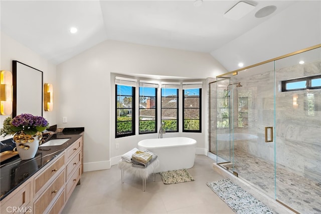 1963 Port Edward Pl, Newport Beach, CA 92660 - full bathroom featuring lofted ceiling, healthy amount of natural light, vanity, a freestanding bath, and a shower stall