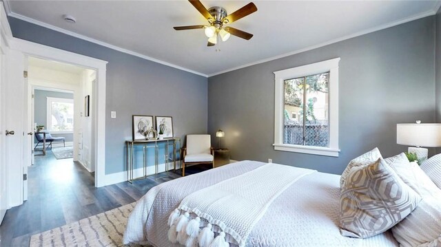 243 N Verdugo Rd, Glendale, CA 91206 - bedroom featuring dark wood-style floors, ornamental molding, and ceiling fan