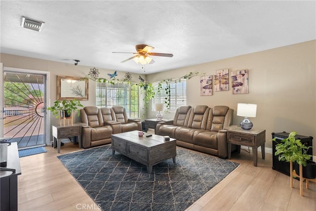 1504 Valaria Dr, Highland, CA 92346 - living room with a ceiling fan, wood finished floors, and a textured ceiling