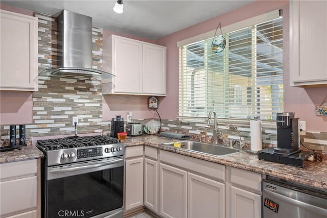 1504 Valaria Dr, Highland, CA 92346 - kitchen with appliances with stainless steel finishes, wall chimney exhaust hood, backsplash, and white cabinetry