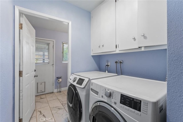 1504 Valaria Dr, Highland, CA 92346 - laundry room with cabinet space, light marble finish flooring, and washer and dryer