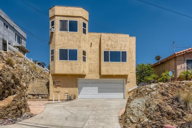 1413 San Miguel Ave, Spring Valley, CA 91977 - view of front of house with concrete driveway, an attached garage, stucco siding, and cooling unit