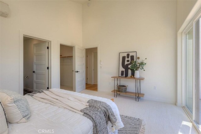5351 Filbert St, Paradise, CA 95969 - bedroom featuring a high ceiling, light carpet, multiple windows, a walk in closet, and a closet