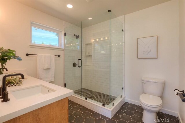 5351 Filbert St, Paradise, CA 95969 - full bath featuring a shower stall, tile patterned floors, vanity, and recessed lighting