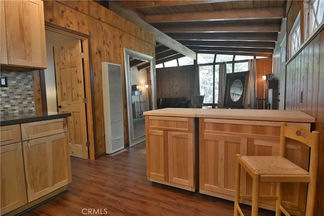 30607 Live Oak Dr, Running Springs, CA 92382 - kitchen with a heating unit, backsplash, dark wood finished floors, wood walls, and wooden ceiling