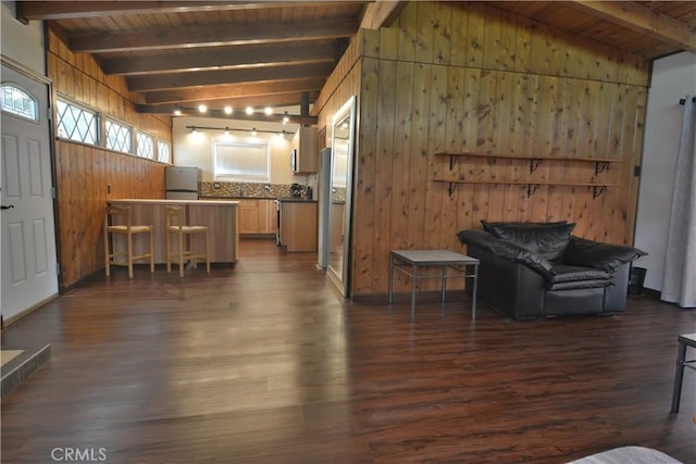 30607 Live Oak Dr, Running Springs, CA 92382 - living room featuring wooden ceiling, wooden walls, and dark wood-style floors