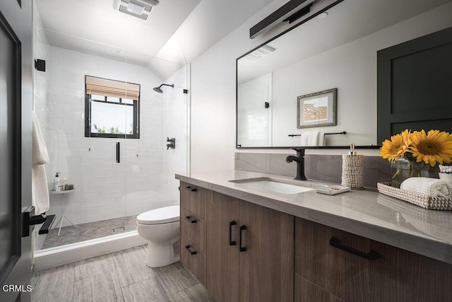 850 Sienna Way, Santa Ynez, CA 93460 - bathroom with vanity, a shower stall, and vaulted ceiling