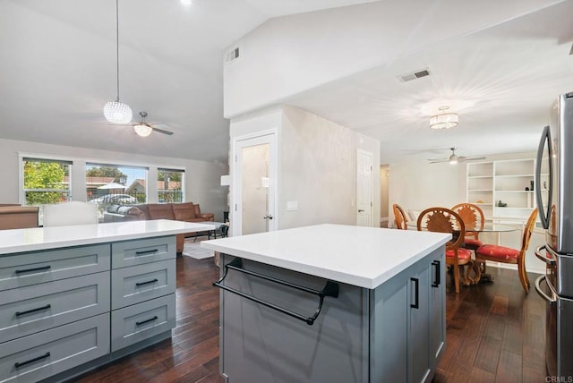 139 Parnassus Cir, Oceanside, CA 92054 - kitchen featuring gray cabinets, ceiling fan, freestanding refrigerator, lofted ceiling, and light countertops