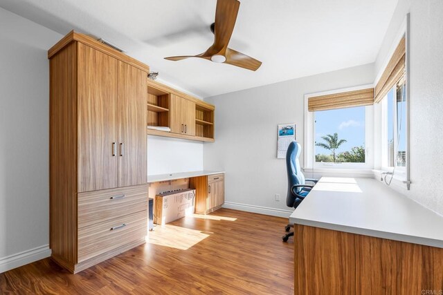 1592 Hawk View Dr, Encinitas, CA 92024 - office area with ceiling fan, wood finished floors, and built in study area