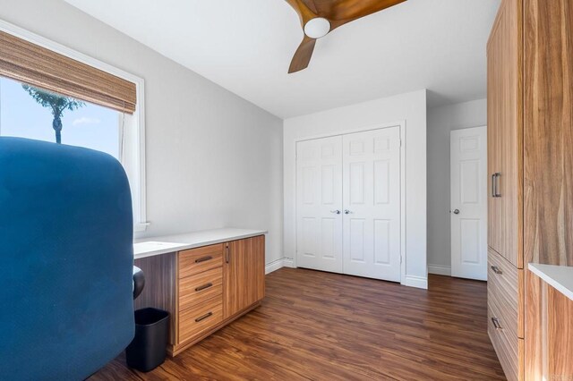 1592 Hawk View Dr, Encinitas, CA 92024 - office area featuring ceiling fan and dark wood-style flooring
